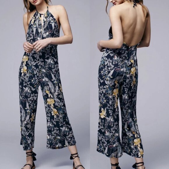 Free People Halter Wide Leg Jumpsuit Size 2 Cropped Floral Print Crinkle Fabric - Picture 1 of 16